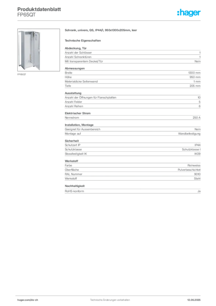 Bild Hager Produktdatenblatt FP65QT | Hager Schweiz