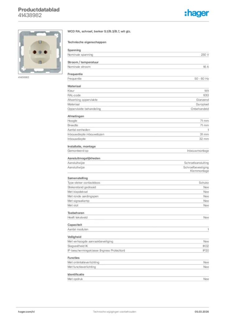 Afbeelding Hager Productdatablad 41438982 | Hager Nederland