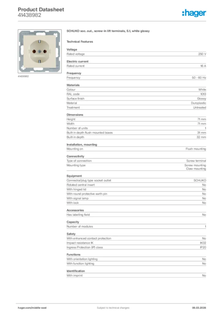 Image Hager Product data sheet 41438982  | Hager