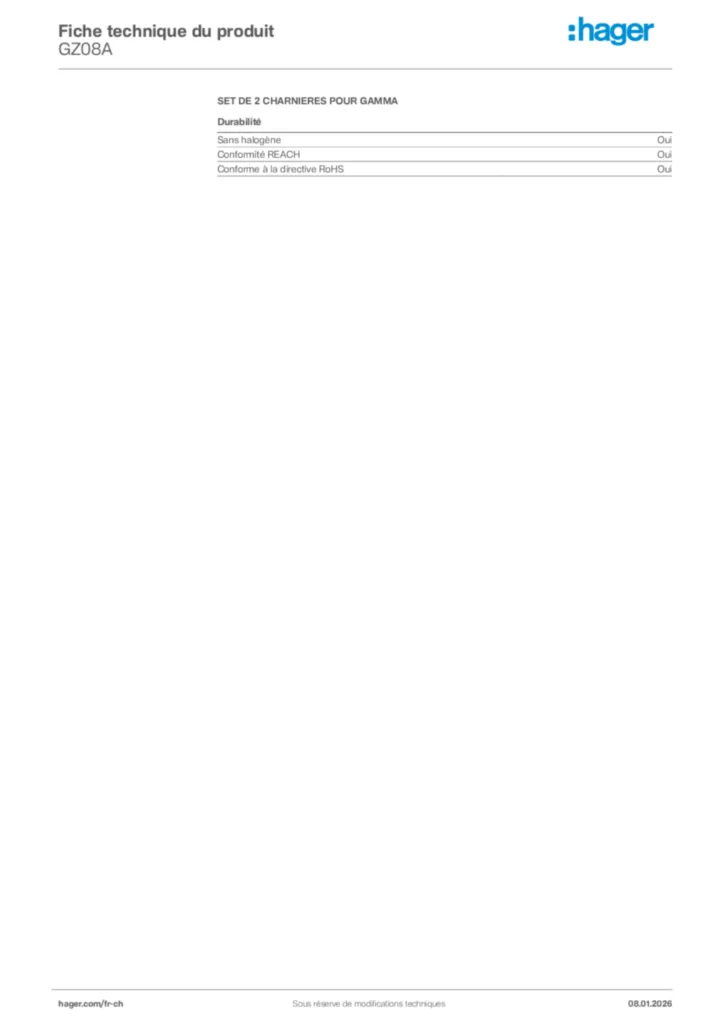 Image Hager Fiche technique du produit GZ08A | Hager Suisse