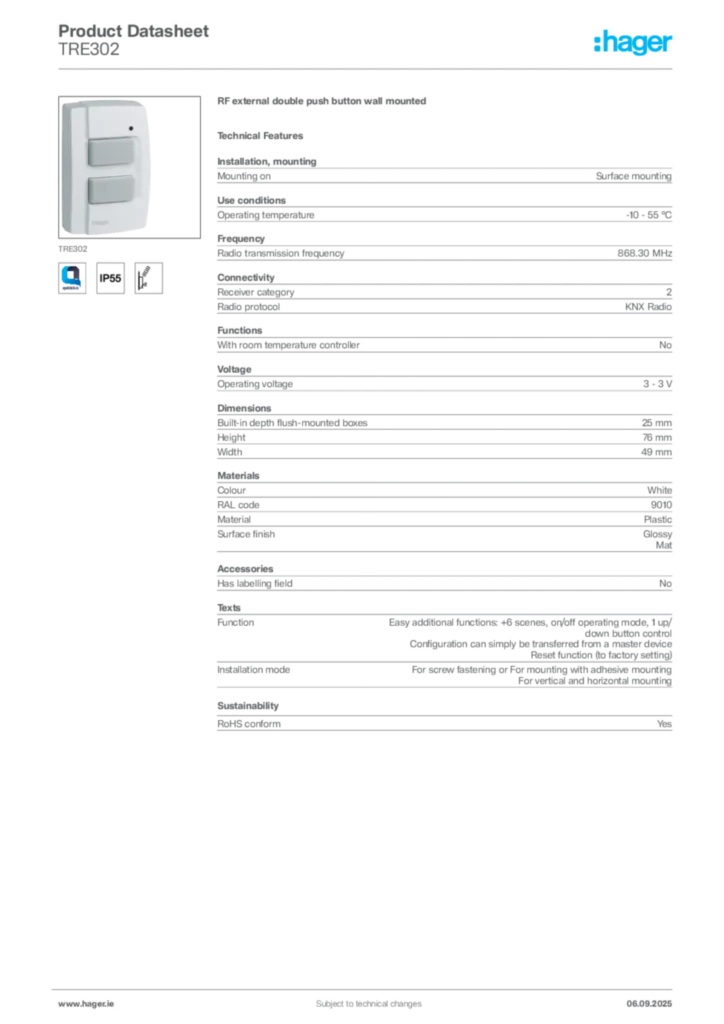 Image Hager Product data sheet TRE302  | Hager