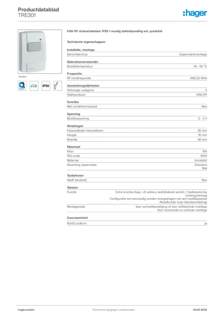 Afbeelding Hager Productdatablad TRE301 | Hager Nederland