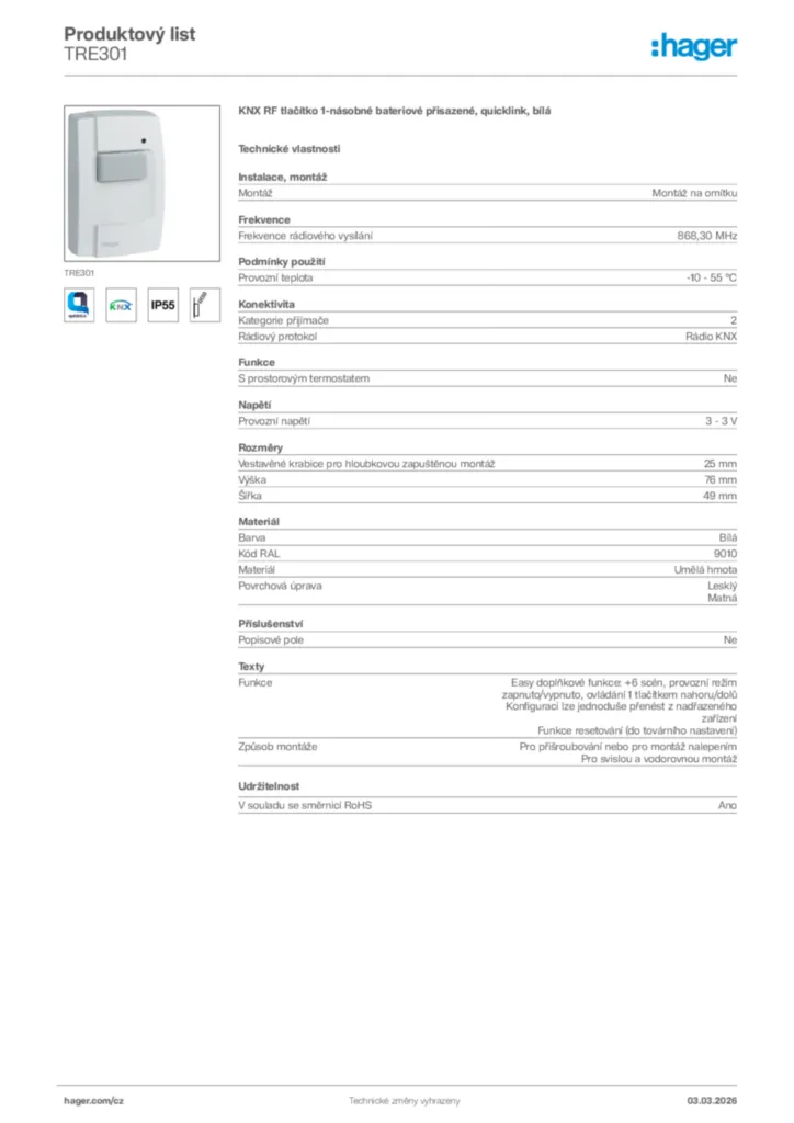 Obrázek Hager Product data sheet TRE301 | Hager