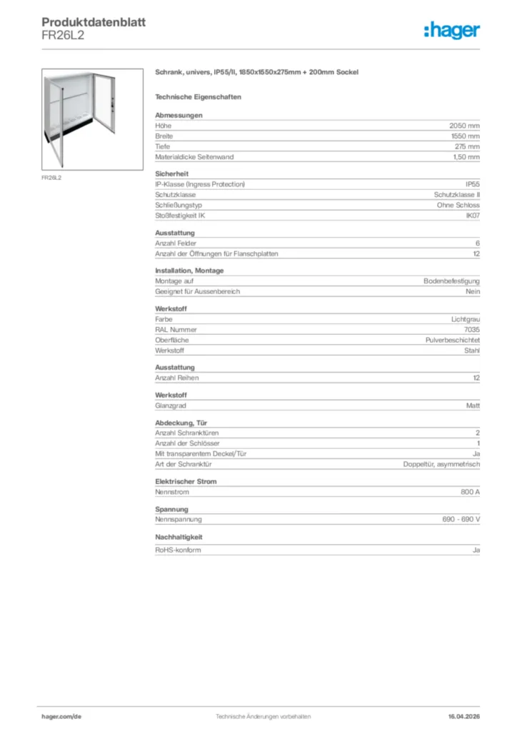 Bild Hager Produktdatenblatt FR26L2 | Hager Deutschland
