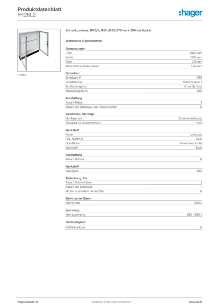 Bild Hager Produktdatenblatt FR26L2 | Hager Schweiz