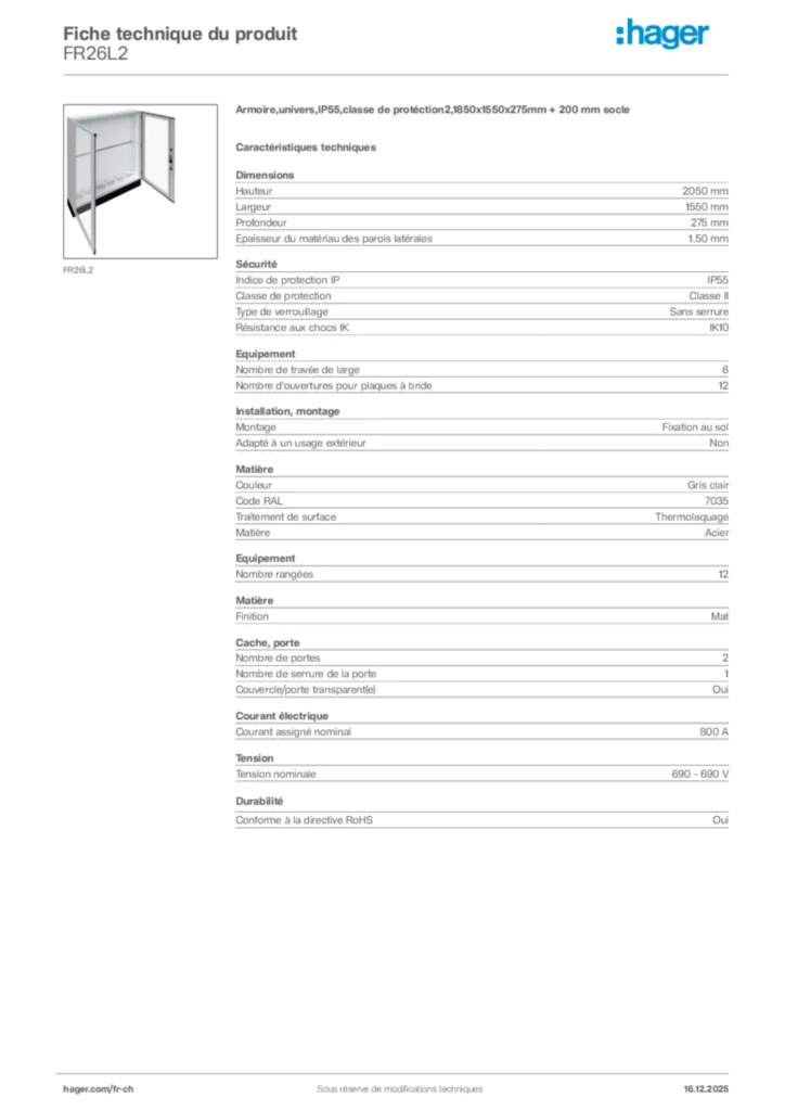 Image Hager Fiche technique du produit FR26L2 | Hager Suisse
