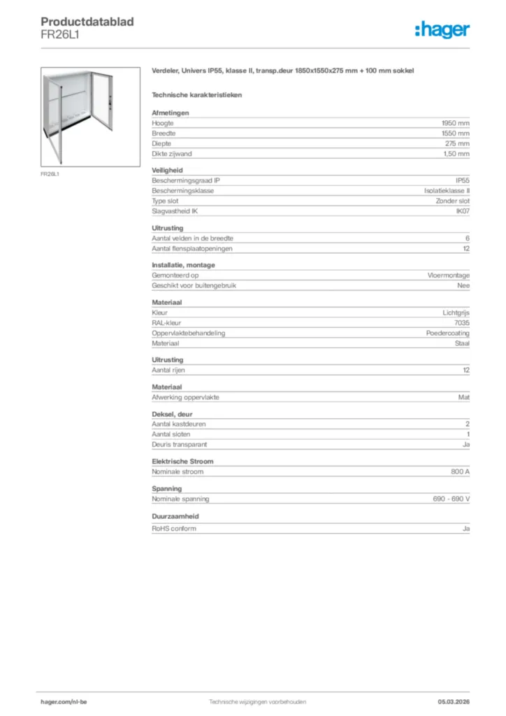 Afbeelding Hager Productdatablad FR26L1 | Hager Belgium