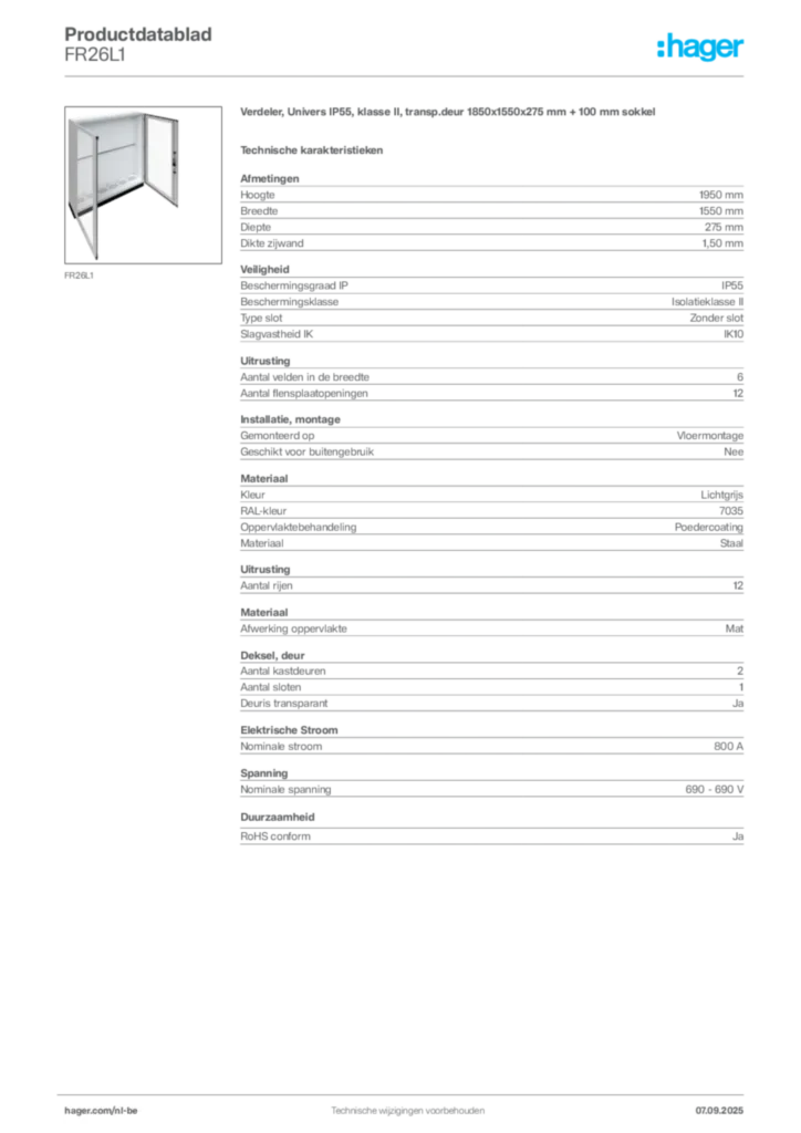 Afbeelding Hager Productdatablad FR26L1 | Hager Belgium