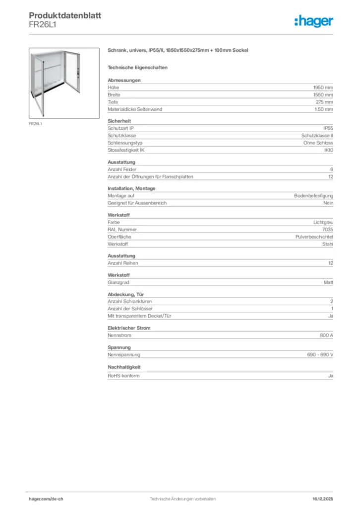 Bild Hager Produktdatenblatt FR26L1 | Hager Schweiz