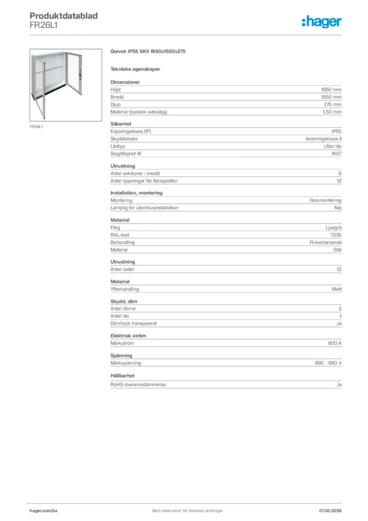 Bild Hager Produktdatablad FR26L1 | Hager Sverige
