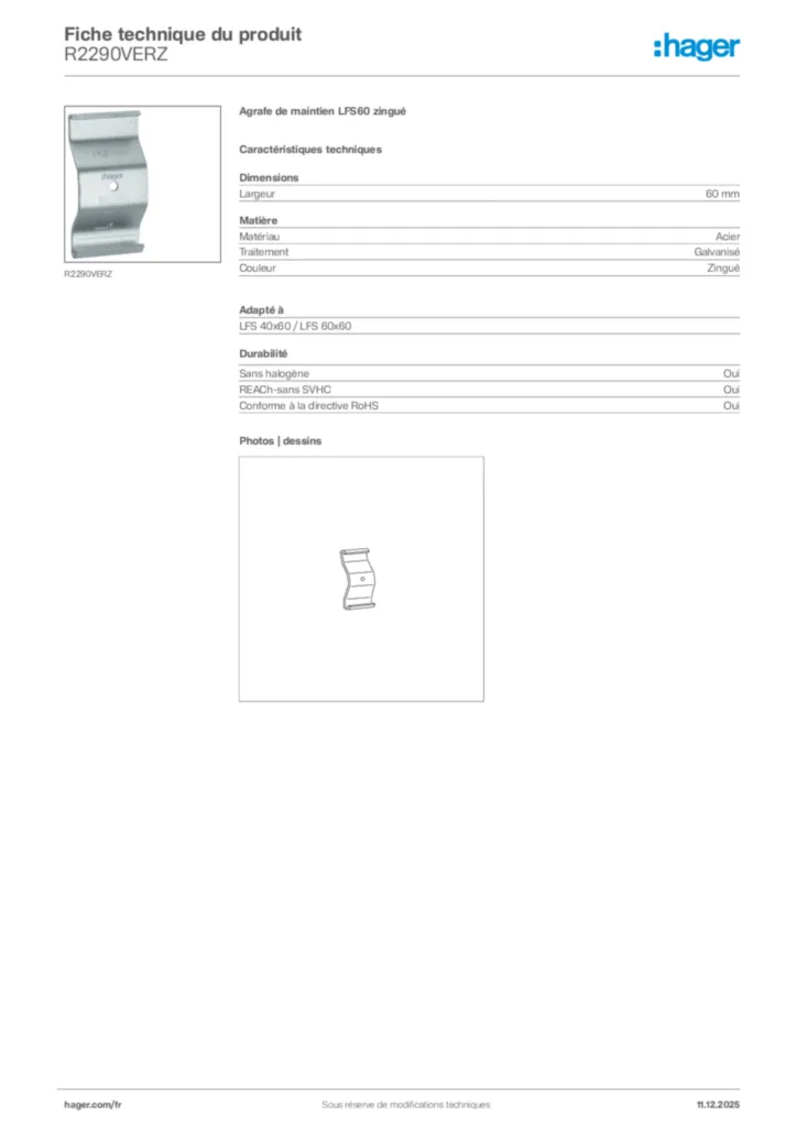 Image Hager Fiche technique du produit R2290VERZ | Hager France