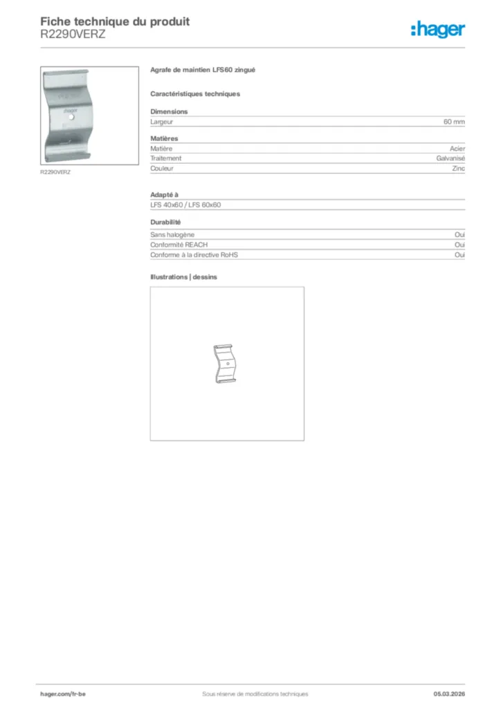 Image Hager Fiche technique du produit R2290VERZ | Hager Belgique