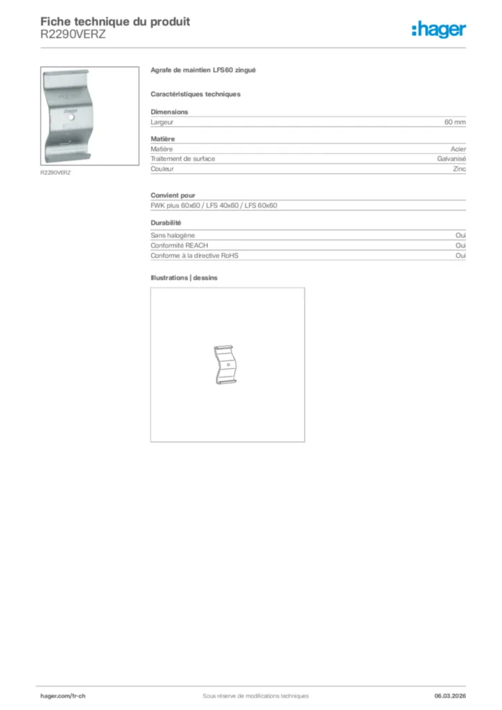 Image Hager Fiche technique du produit R2290VERZ | Hager Suisse
