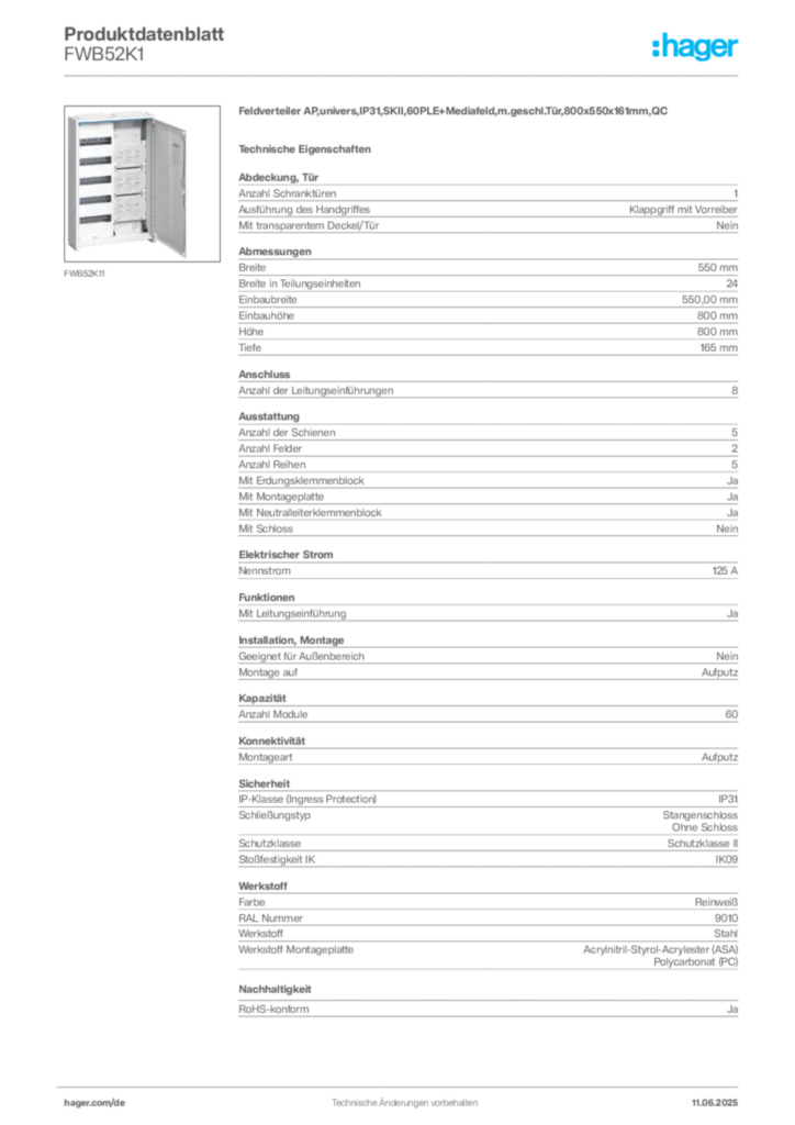Bild Hager Produktdatenblatt FWB52K1 | Hager Deutschland