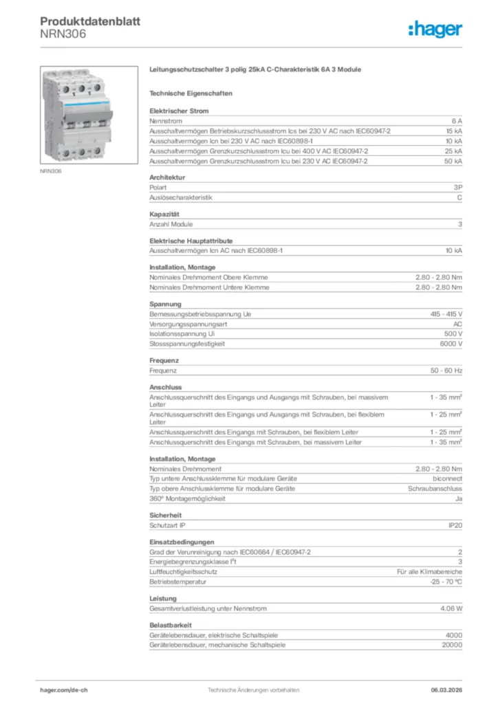 Bild Hager Produktdatenblatt NRN306 | Hager Schweiz