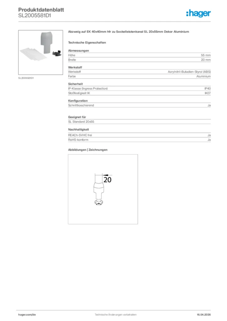 Bild Hager Produktdatenblatt SL2005581D1 | Hager Deutschland