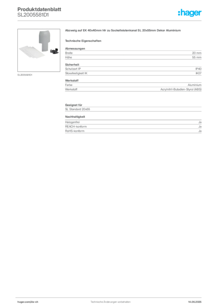 Bild Hager Produktdatenblatt SL2005581D1 | Hager Schweiz