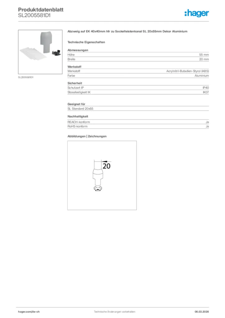Bild Hager Produktdatenblatt SL2005581D1 | Hager Schweiz