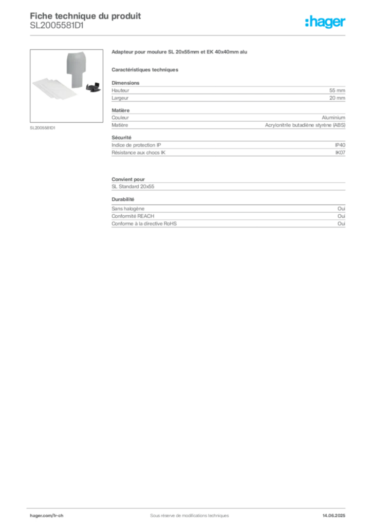Image Hager Fiche technique du produit SL2005581D1 | Hager Suisse