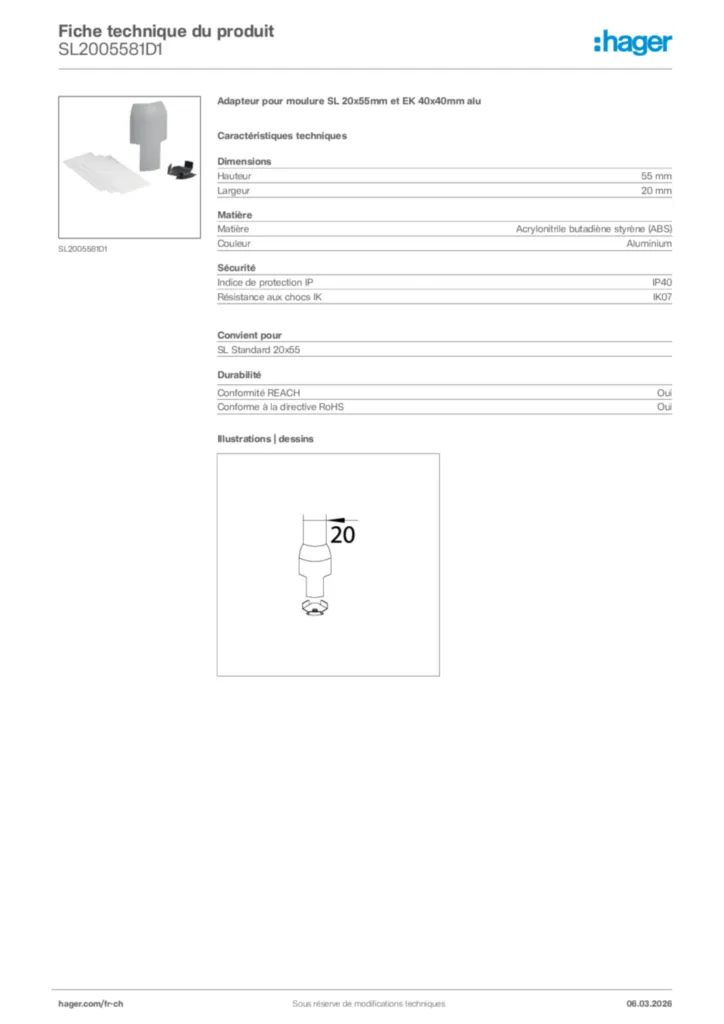 Image Hager Fiche technique du produit SL2005581D1 | Hager Suisse