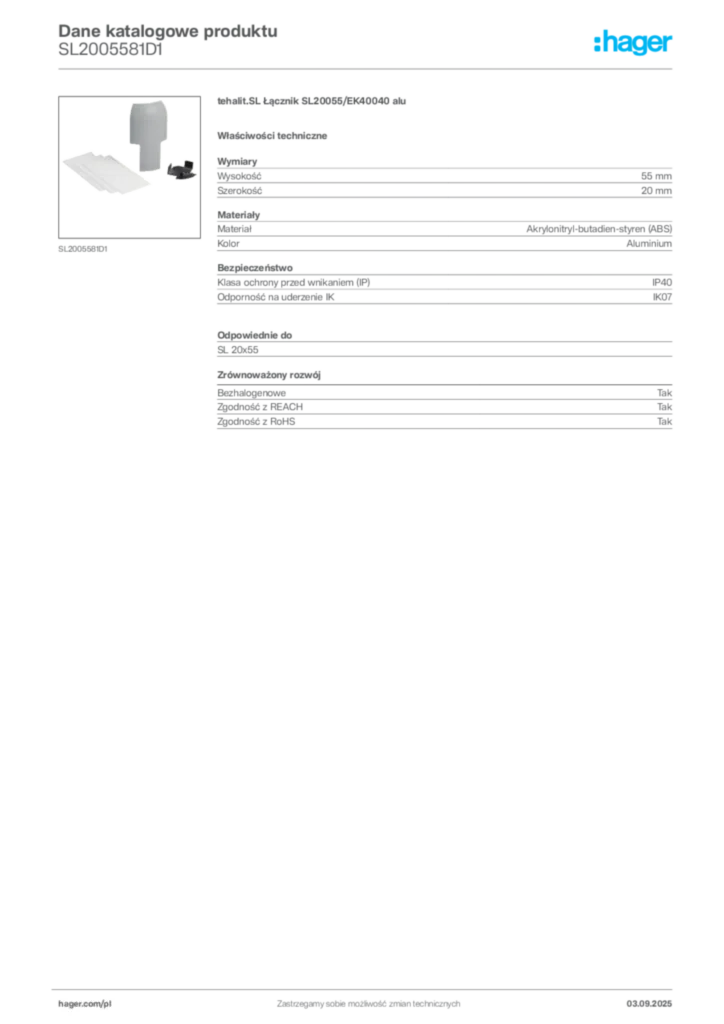 Zdjęcie Hager Karta katalogowa SL2005581D1 | Hager Polska
