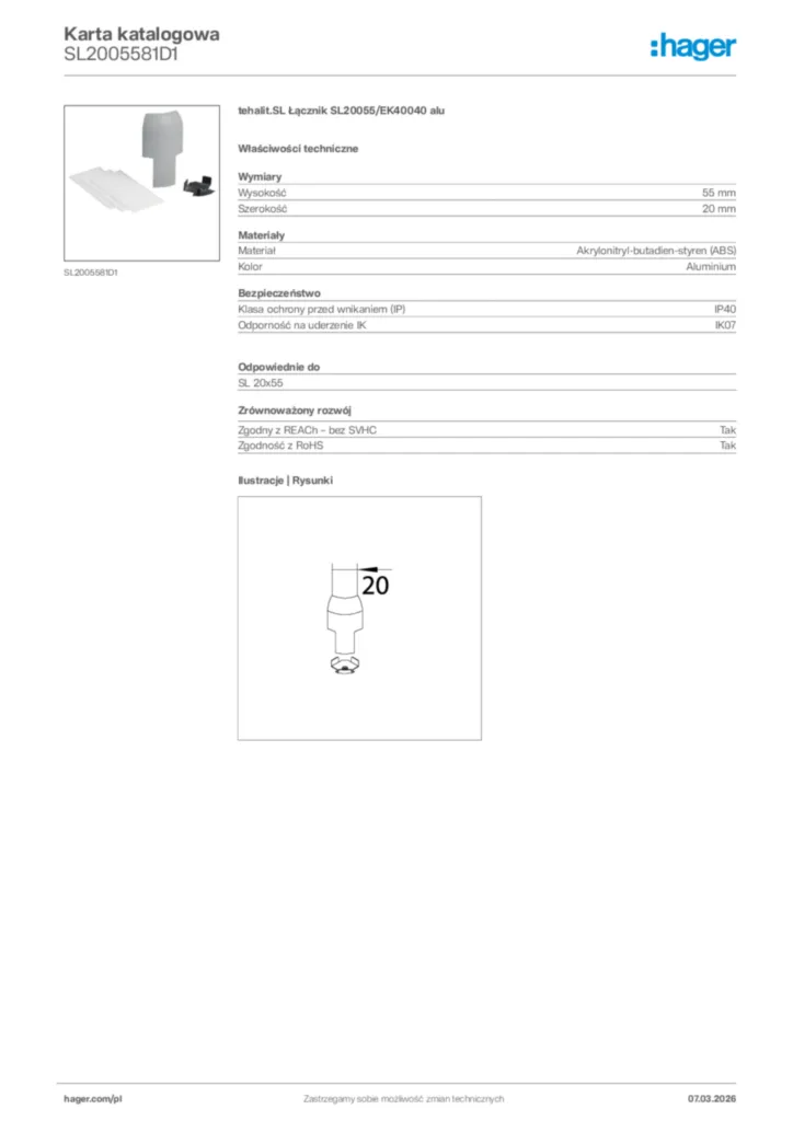 Zdjęcie Hager Karta katalogowa SL2005581D1 | Hager Polska