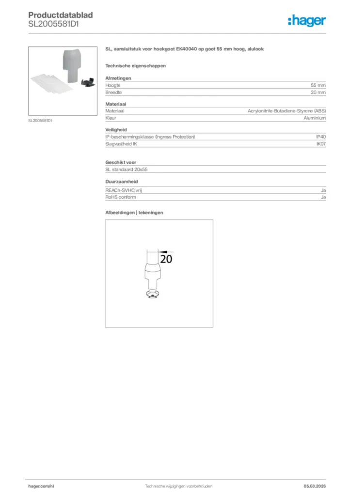 Afbeelding Hager Productdatablad SL2005581D1 | Hager Nederland