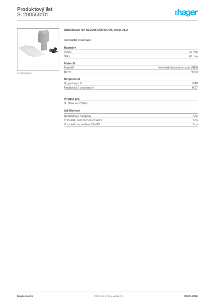 Obrázek Hager Produktový list SL2005581D1 | Hager