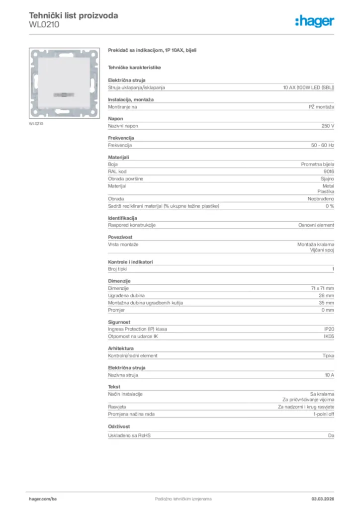 Slika Hager Tehnički list proizvoda WL0210  | Hager