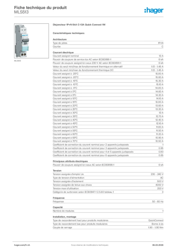 Image Hager Fiche technique du produit MLS513 | Hager Suisse