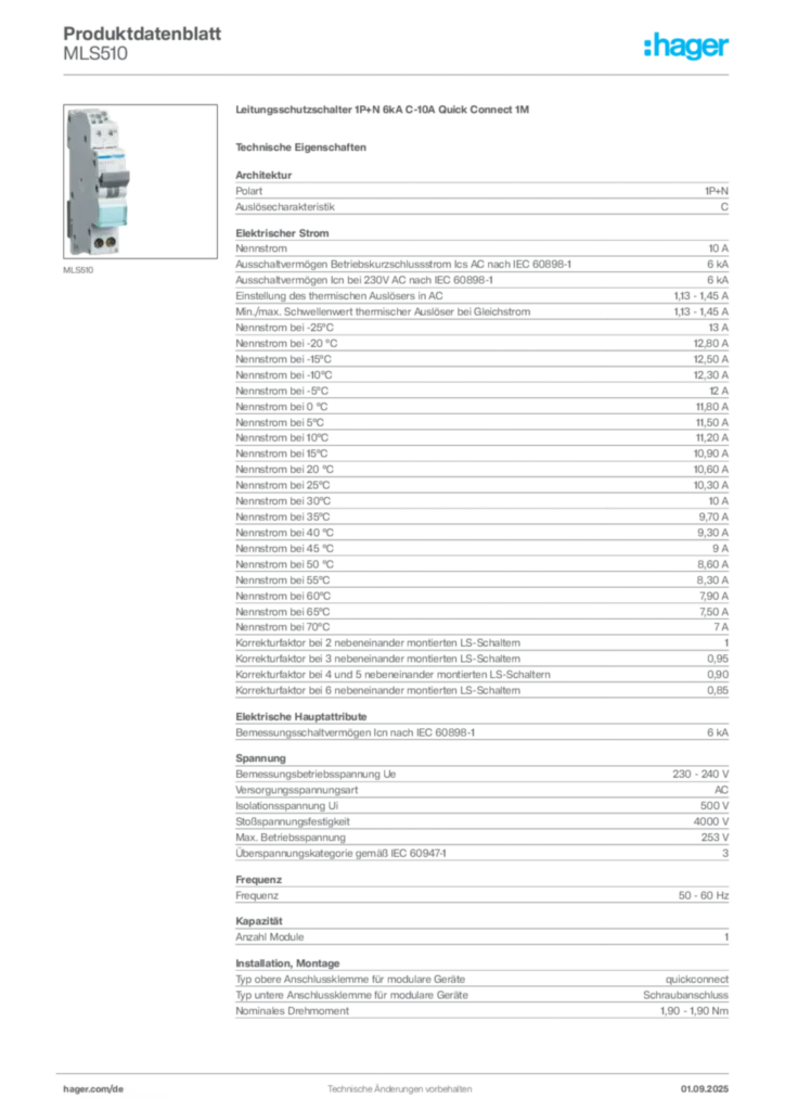 Bild Hager Produktdatenblatt MLS510 | Hager Deutschland