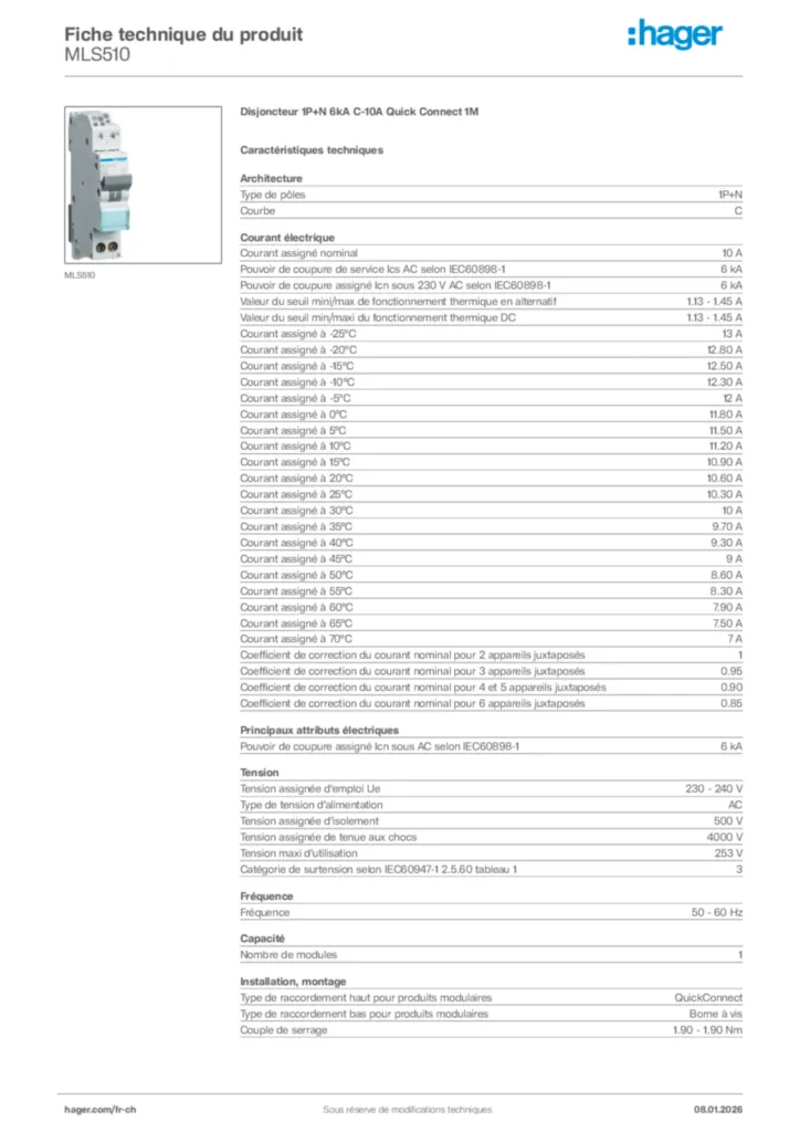 Image Hager Fiche technique du produit MLS510 | Hager Suisse