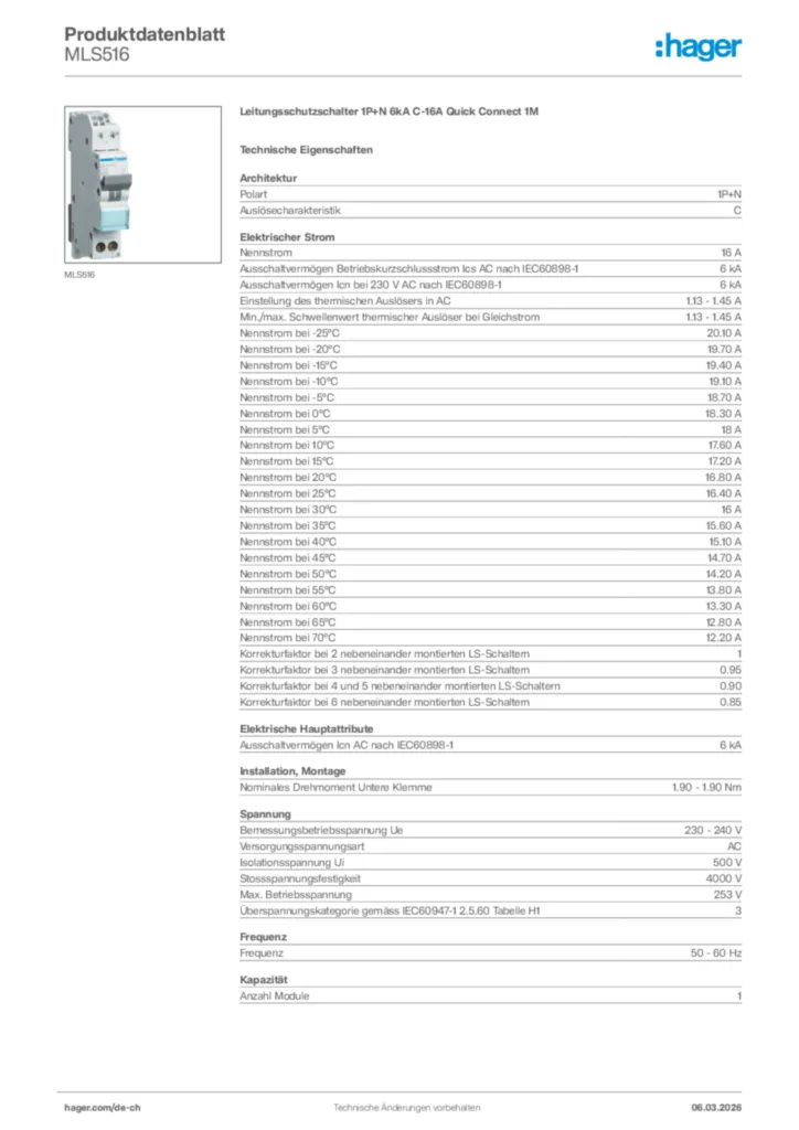 Bild Hager Produktdatenblatt MLS516 | Hager Schweiz