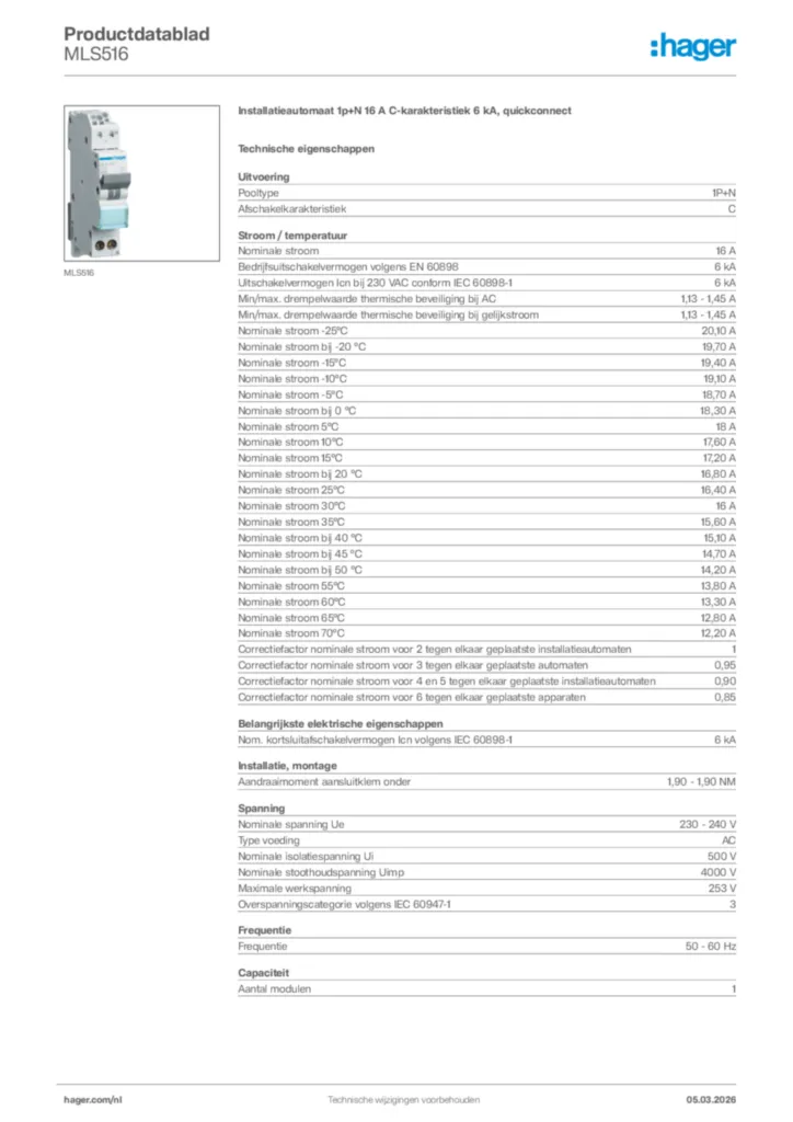 Afbeelding Hager Productdatablad MLS516 | Hager Nederland