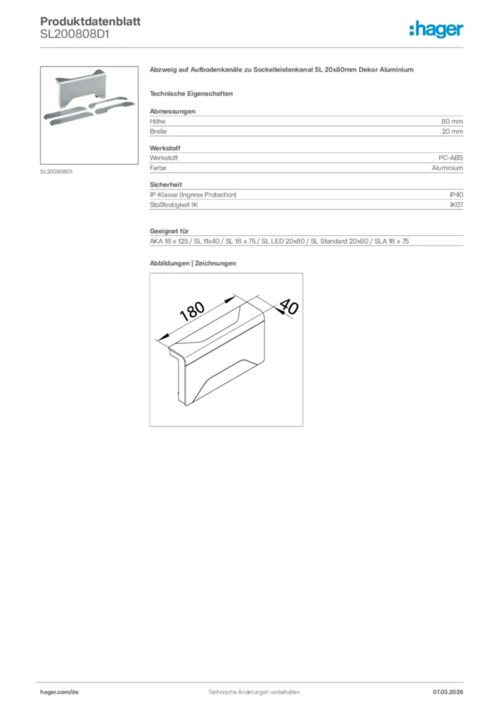 Bild Hager Produktdatenblatt SL200808D1 | Hager Deutschland