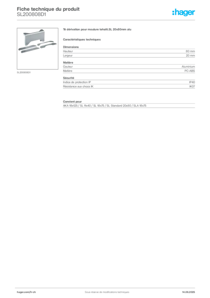 Image Hager Fiche technique du produit SL200808D1 | Hager Suisse