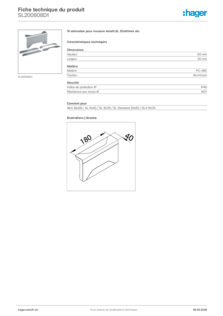 Image Hager Fiche technique du produit SL200808D1 | Hager Suisse