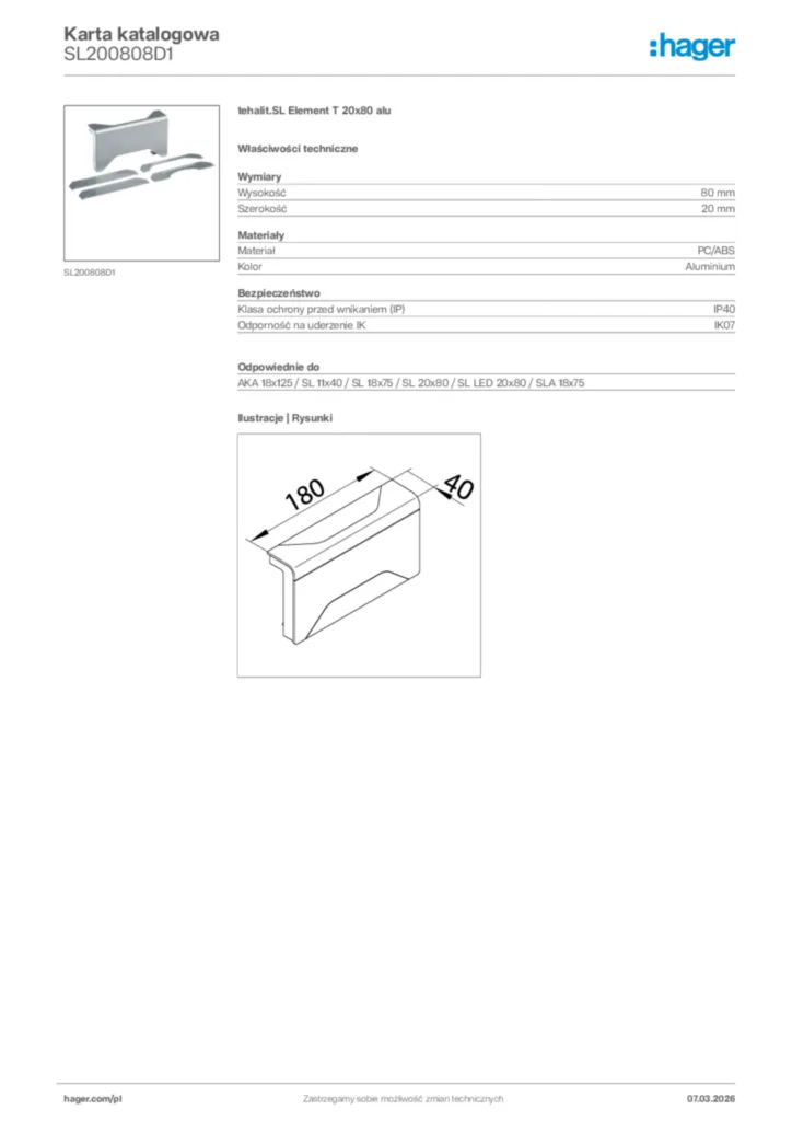 Zdjęcie Hager Karta katalogowa SL200808D1 | Hager Polska