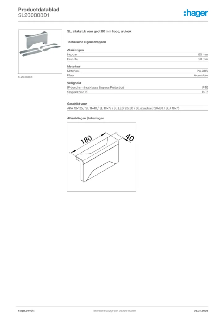 Afbeelding Hager Productdatablad SL200808D1 | Hager Nederland