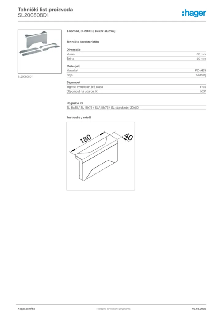 Slika Hager Tehnički list proizvoda SL200808D1  | Hager