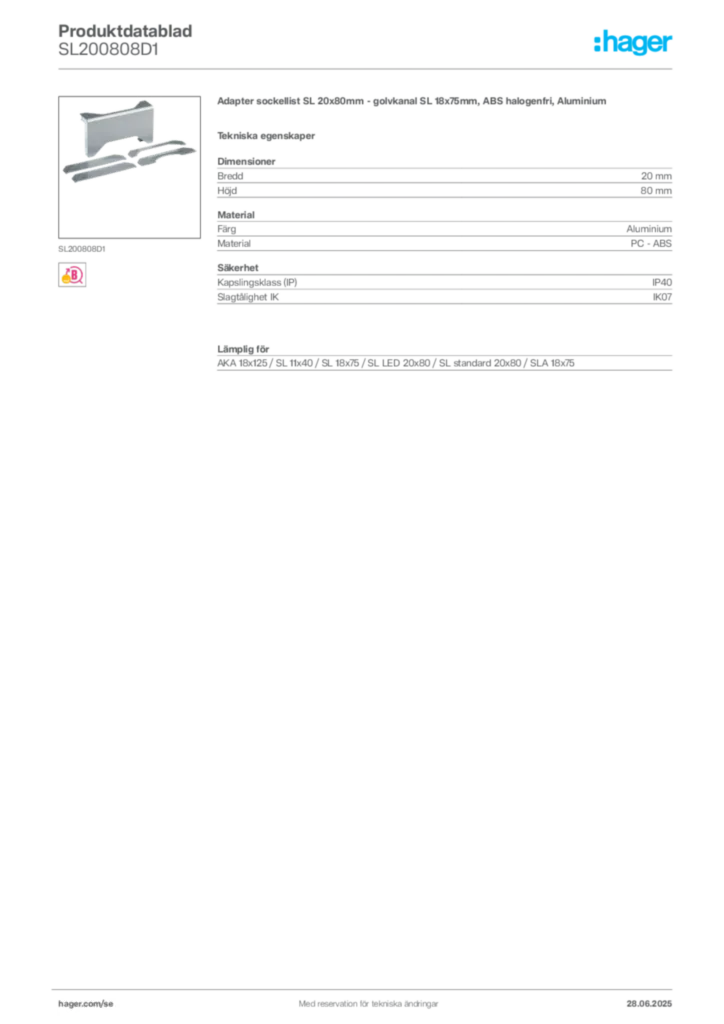 Bild Hager Produktdatablad SL200808D1 | Hager Sverige