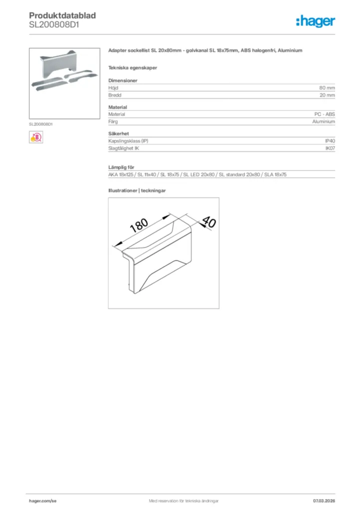 Bild Hager Produktdatablad SL200808D1 | Hager Sverige