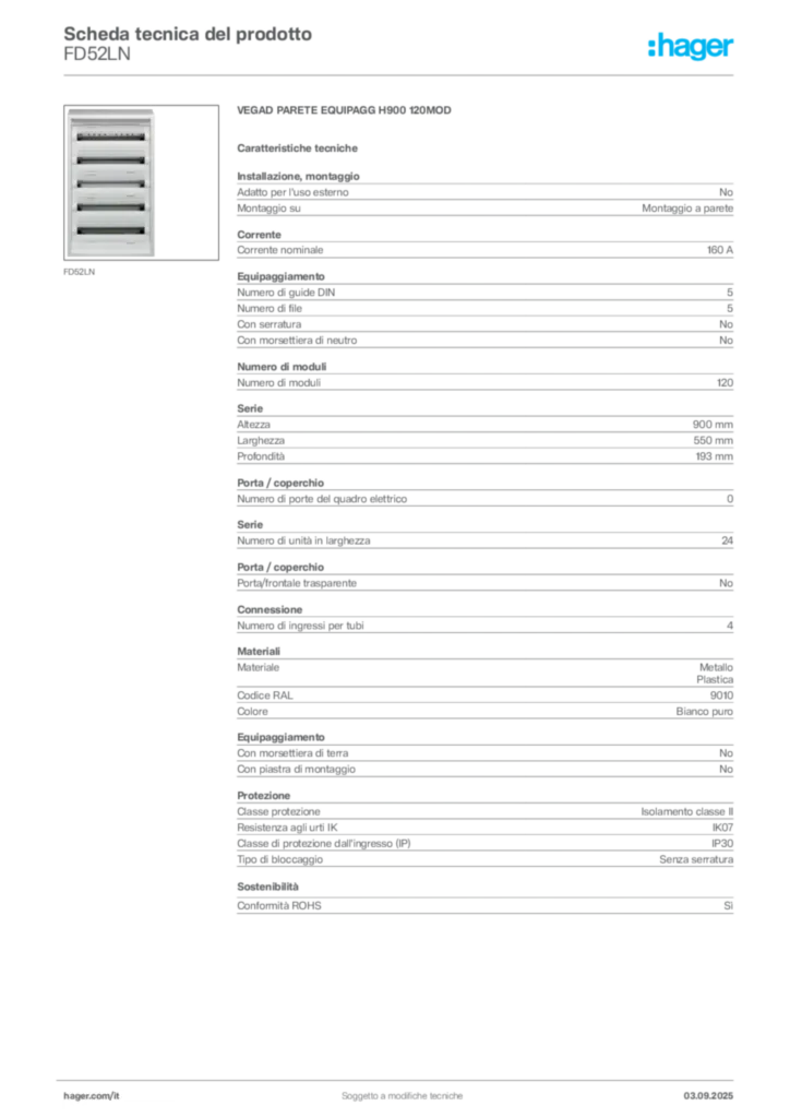 Immagine Hager Scheda tecnica del prodotto FD52LN | Hager Italia