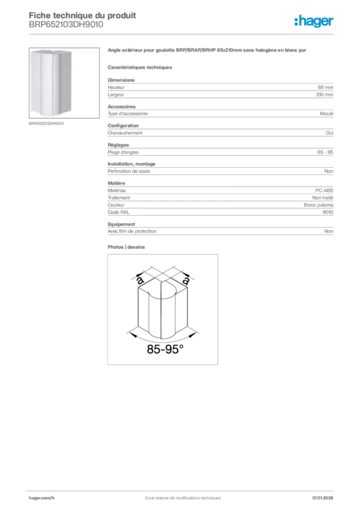 Image Hager Fiche technique du produit BRP652103DH9010 | Hager France