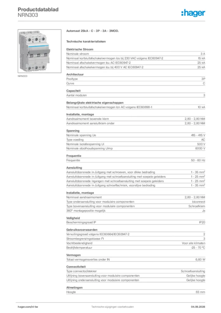 Afbeelding Hager Productdatablad NRN303 | Hager Belgium