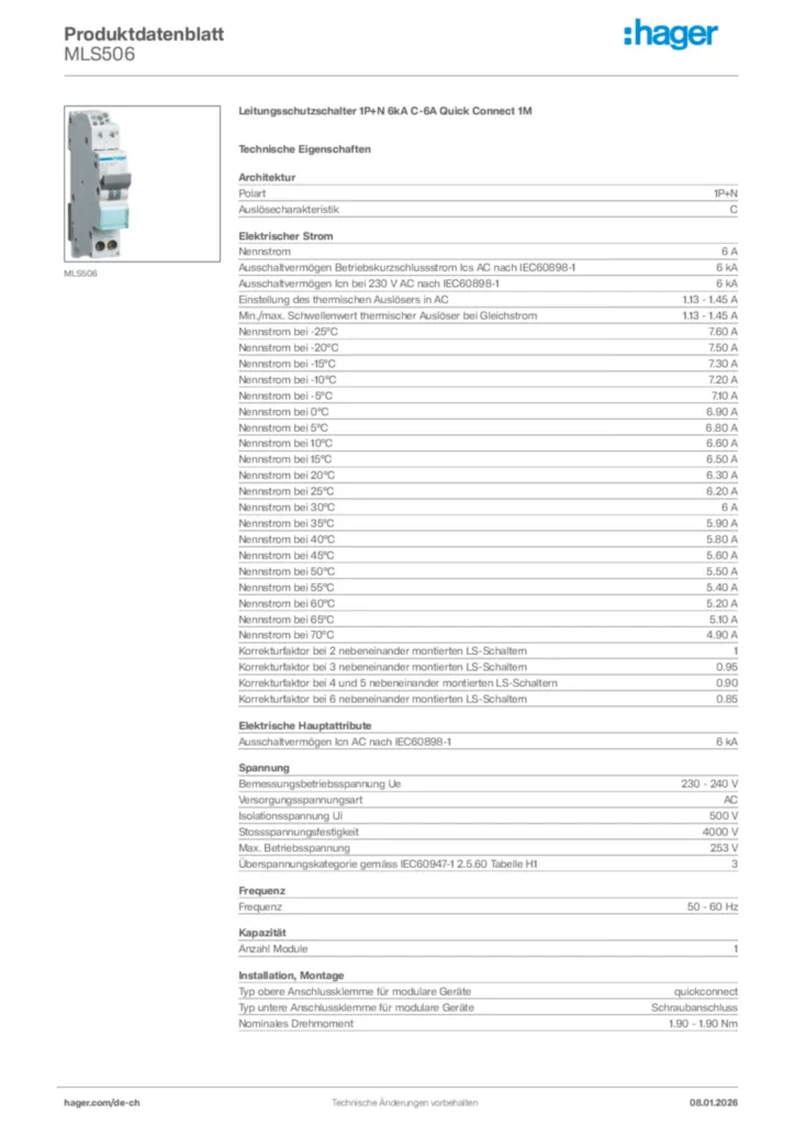 Bild Hager Produktdatenblatt MLS506 | Hager Schweiz