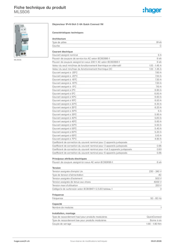 Image Hager Fiche technique du produit MLS506 | Hager Suisse