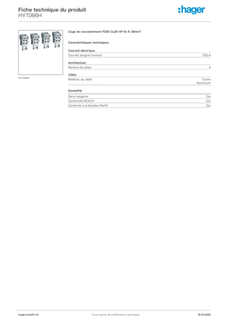 Image Hager Fiche technique du produit HYT066H | Hager Suisse
