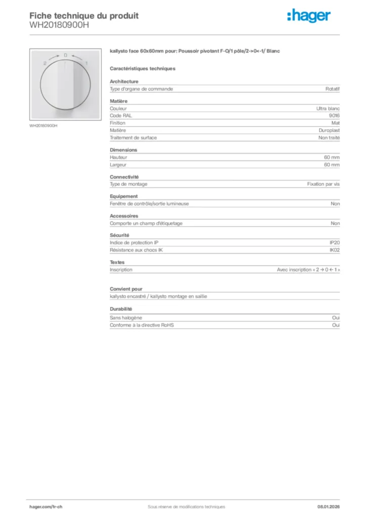 Image Hager Fiche technique du produit WH20180900H | Hager Suisse