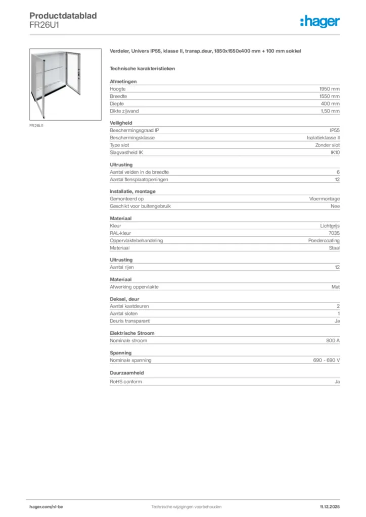 Afbeelding Hager Productdatablad FR26U1 | Hager Belgium